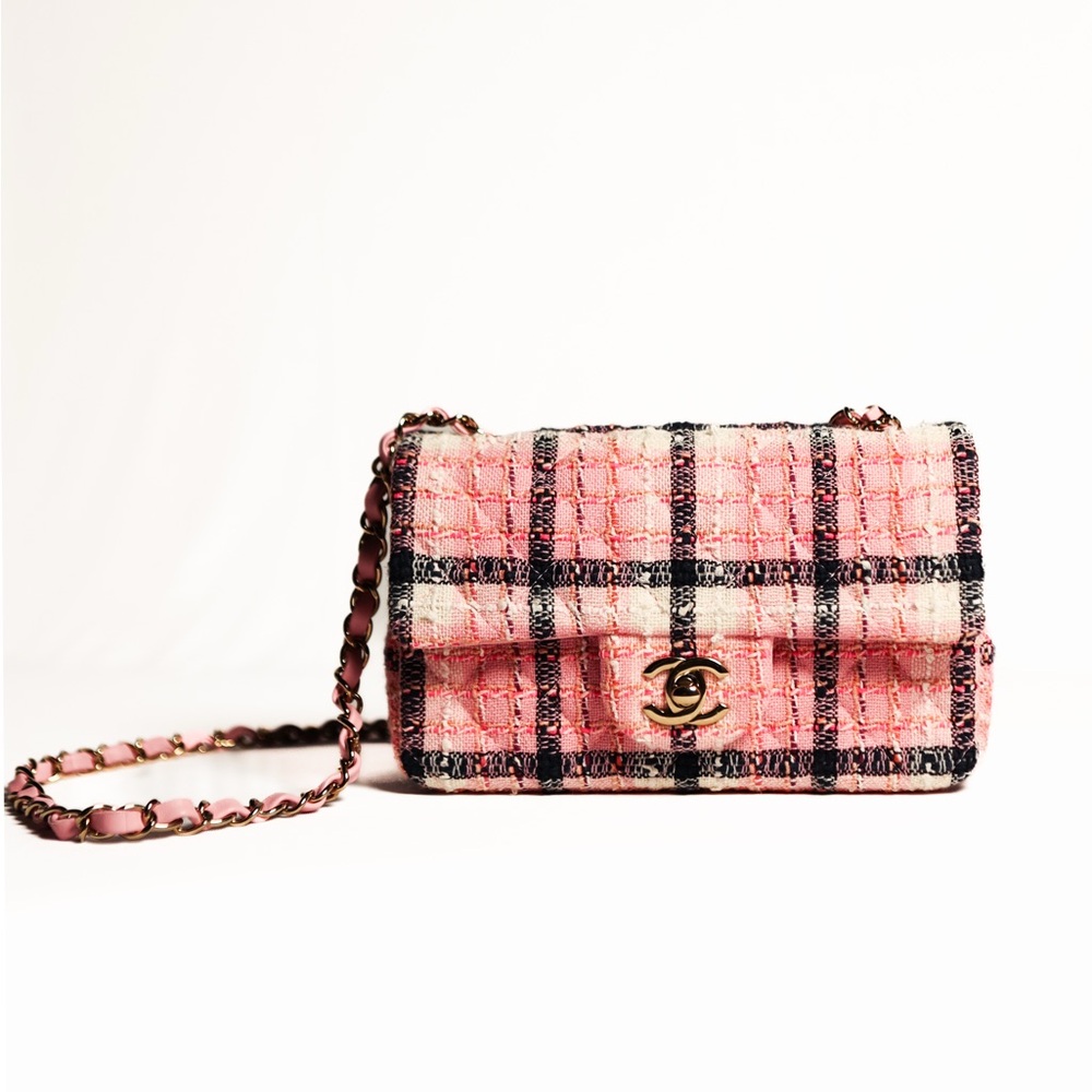 Chanel Pink Tweed Mini Rectangle Classic Flap Handbag